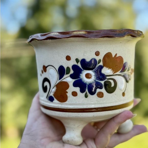 Hand Crafted Other - Hand Crafted Ceramic Planter with Blue and Brown Floral Design